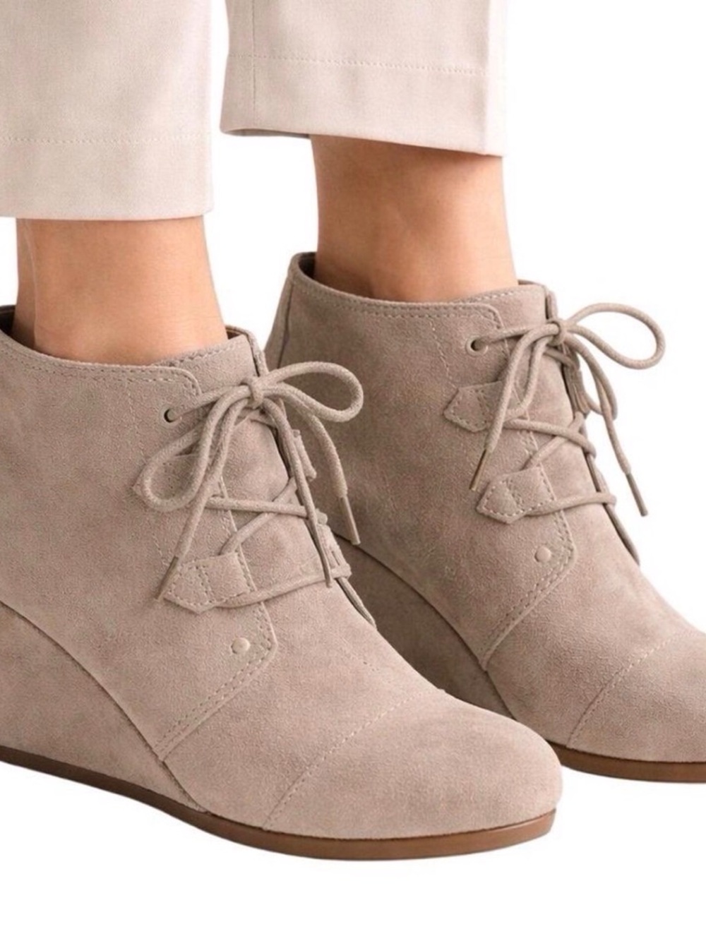 Toms Taupe Suede Lace-Up Wedge Ankle Booties